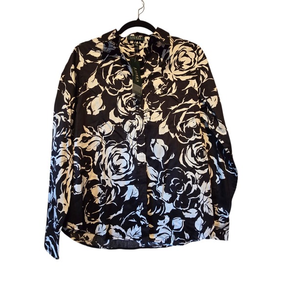 Lauren Ralph Lauren Tops - Lauren Ralph Lauren NWT Floral Top Women's MED Black Cotton Office Preppy Button